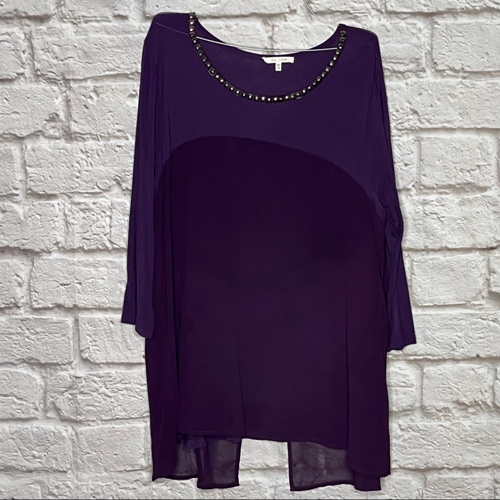 Ava James‎ Top Rhinestone Multi-layer Sheer Purple Women's Plus Size 1X